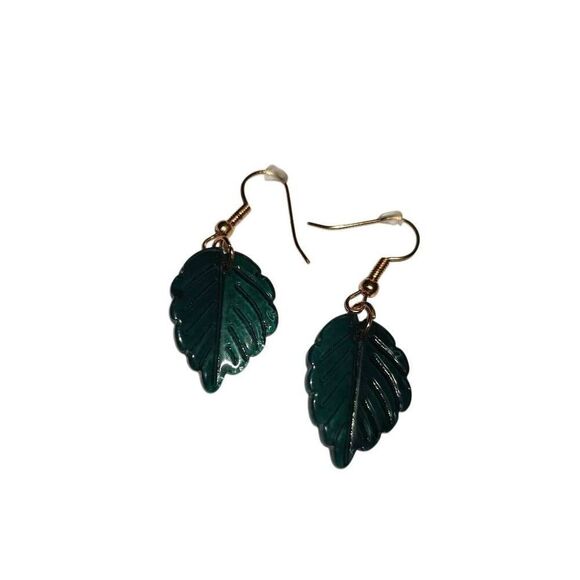 Dark Green Glass Leaf Earrings - Picture 1 of 4